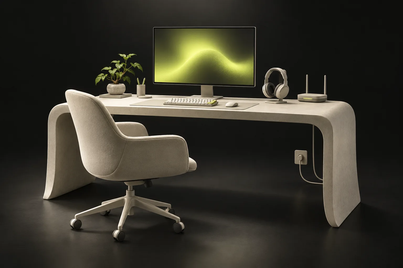 Original illustration of an ivory desk and chair with a monitor, keyboard, headphones, Wi-Fi router and power connection.